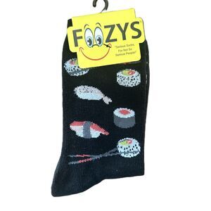 New Foozys Black Crew Sushi Print Socks Fits Size 4-10 Women's One Size